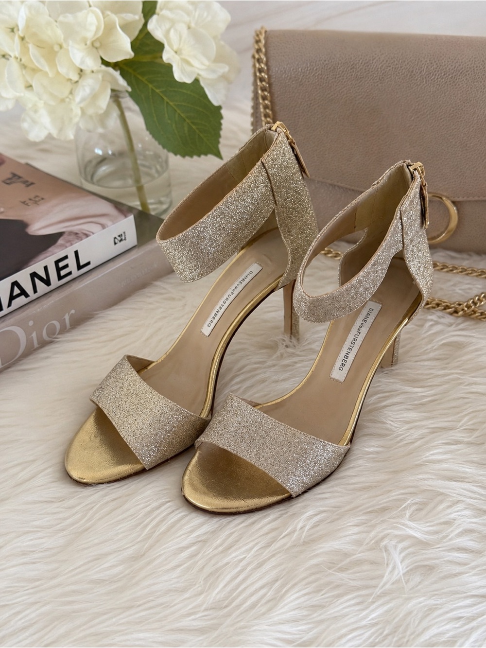 Diane Von Furstenberg Gold Glitter Ankle-Strap Heels (size 7)